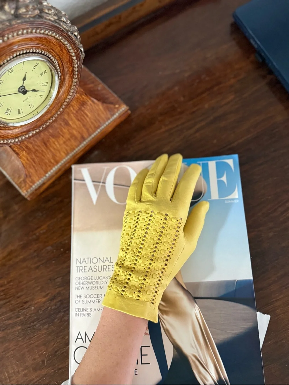 Yellow Leather Gloves with Cutout Detail